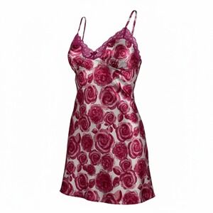 Ambrielle Pink Floral Lace Trim Satin Nightgown Slip Dress Chemise Lingerie M